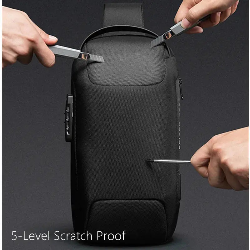 BANGE chest bag, black anti-theft crossbody with USB charging, waterproof travel pack