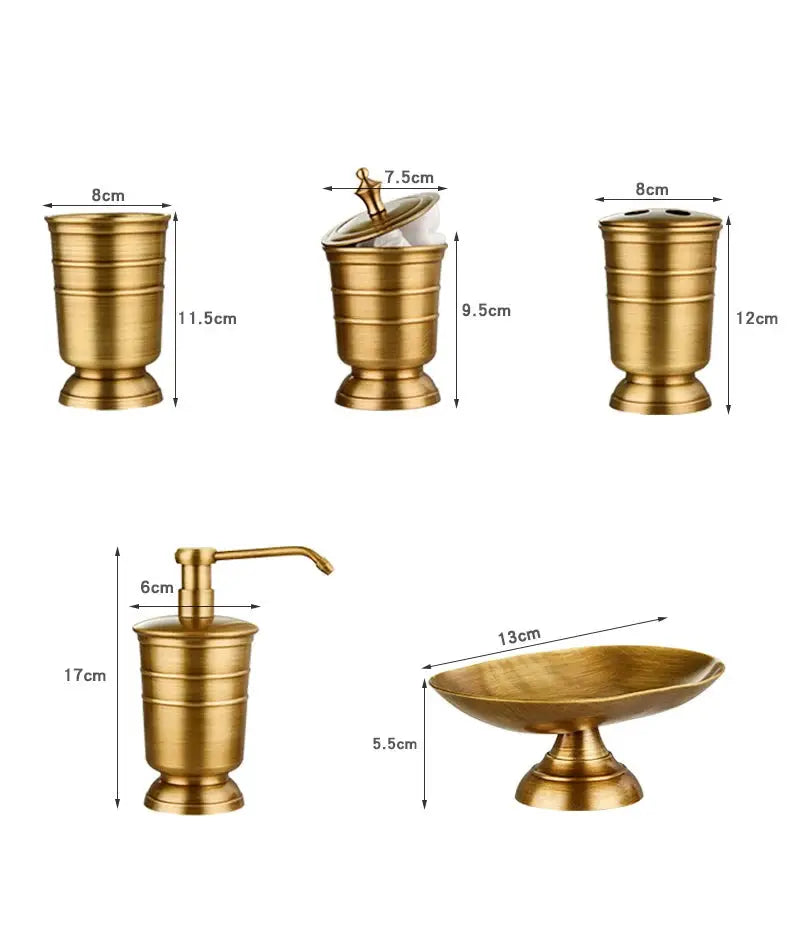 5-piece golden retro copper bathroom set: toothbrush holder with lid, 2 cups, pump dispenser, and soap dish