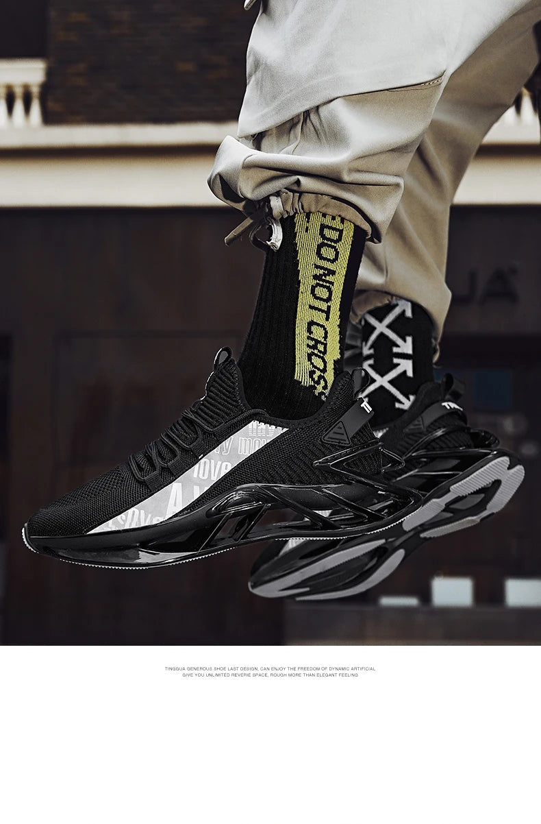 Men's sneakers by Simples Market, black breathable knit upper with a chunky glossy sole.