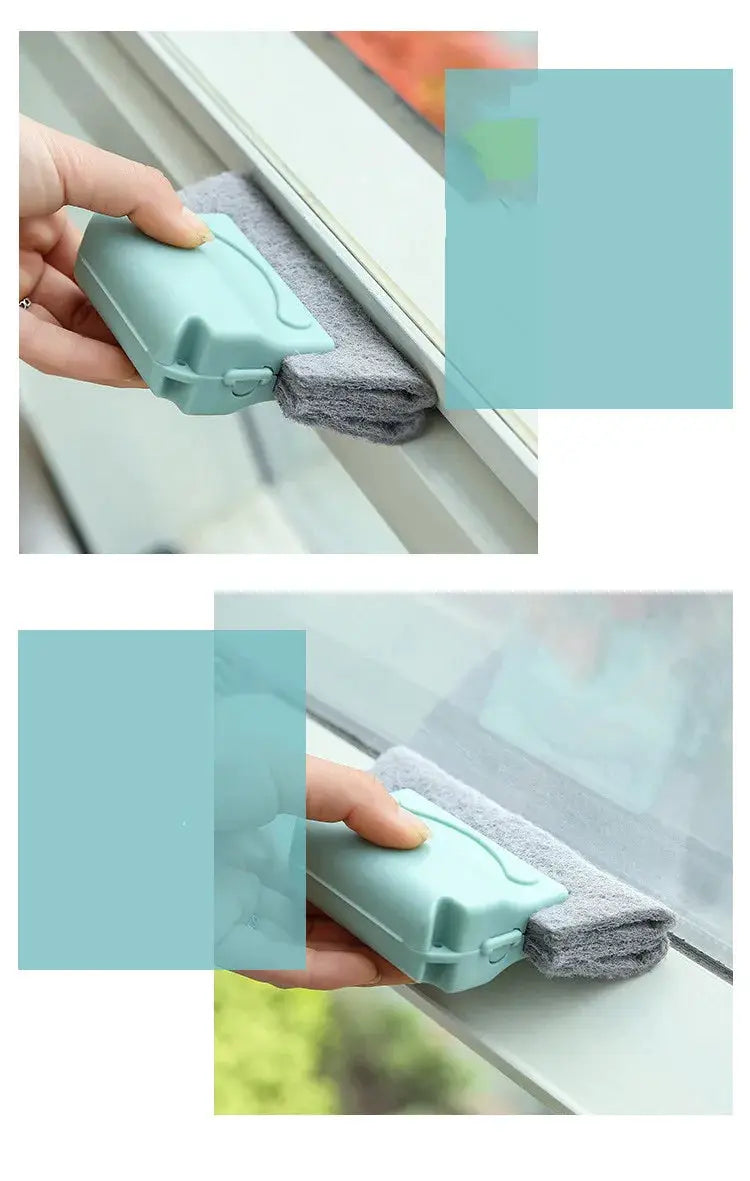 Groove window cleaning brush by Simples Market, turquoise handle with gray microfiber pad for cleaning window slots
