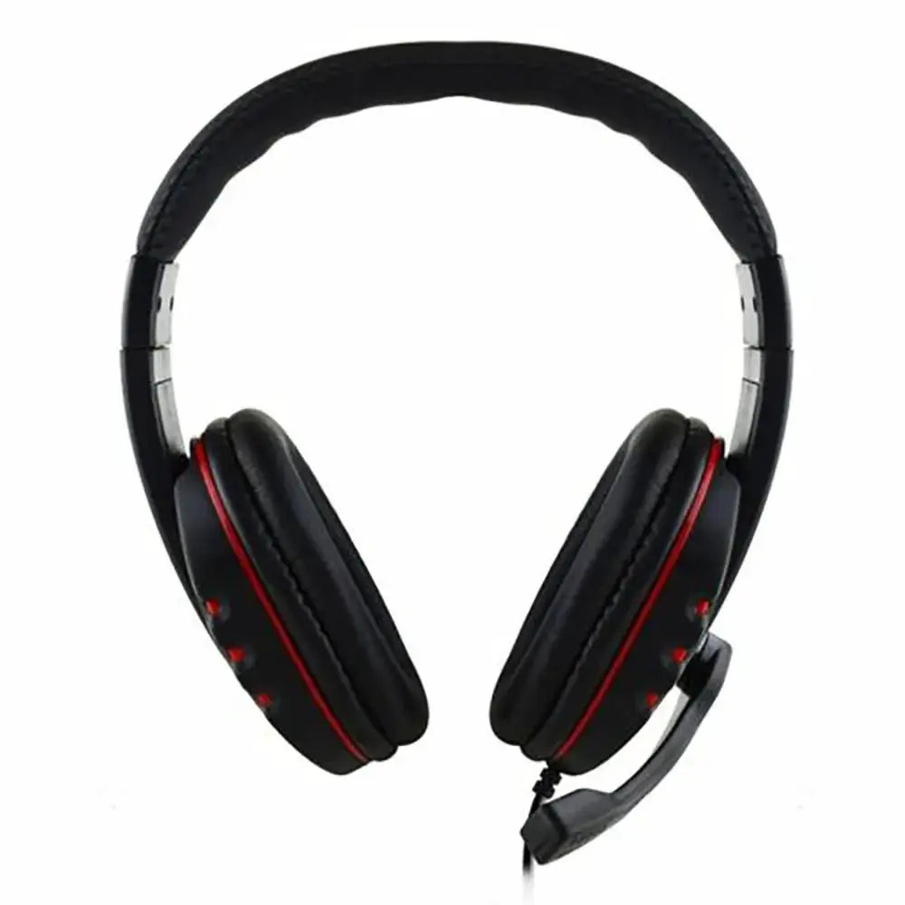Wired gaming headset with microphone, 3.5mm jack, black over-ear cups with red trim for PS4/PC.