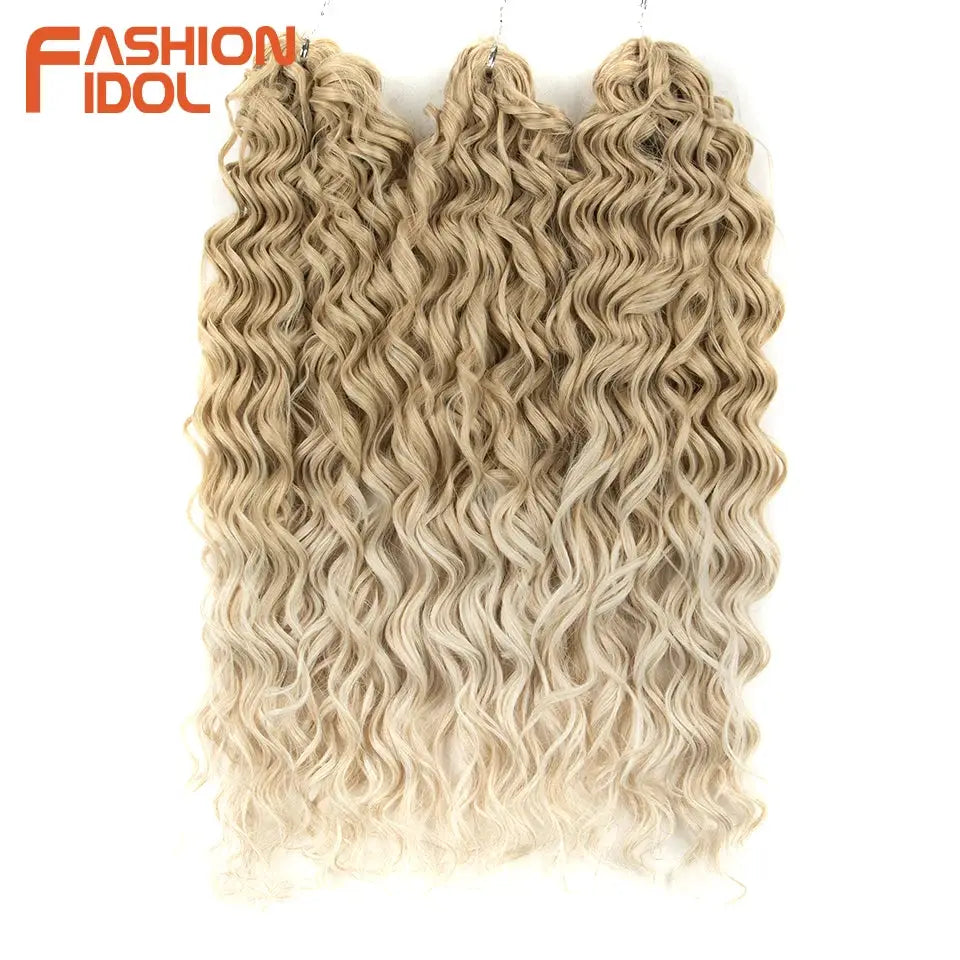 Jessica Hair deep wavy twist crochet extensions in blonde ombre, 3 bundles, Fashion Idol logo