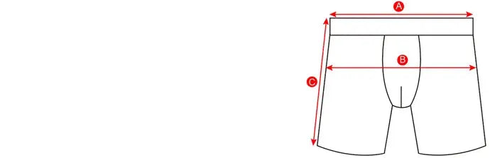 Men's long-leg boxer shorts diagram with arrows for waist A, hip B, and length C