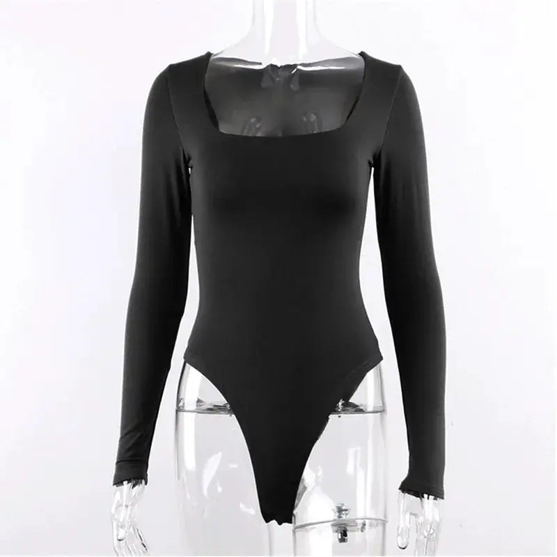 UrbanFlex Women Bodysuit Long Sleeve Black Bodycon Top With Square Neck And High Stretch Comfort
