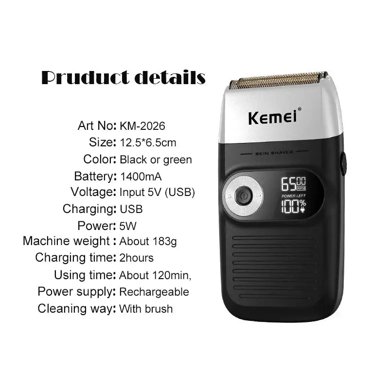 Kemei electric shaver, black and silver rechargeable beard trimmer with USB charging