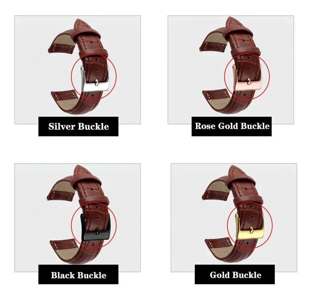 Simples Market premium genuine leather watchbands set of 4 with silver, rose gold, black, and gold buckles (12–24 mm)