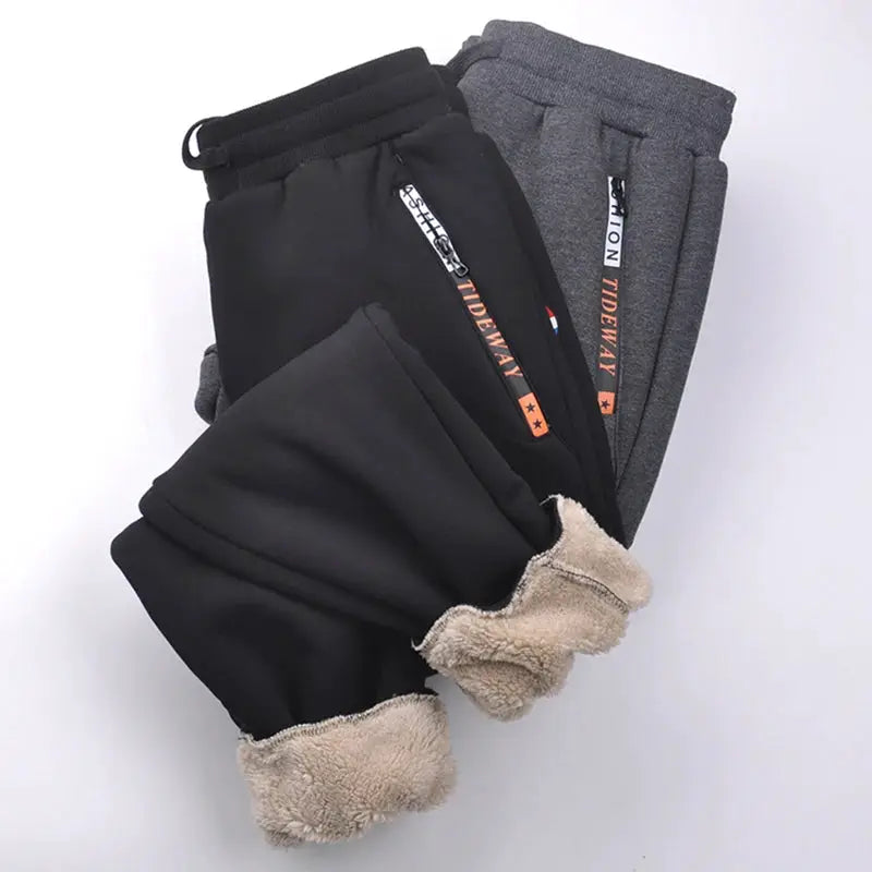 Men's fleece-lined jogger sweatpants in black and gray with plush cuffs, set of 3