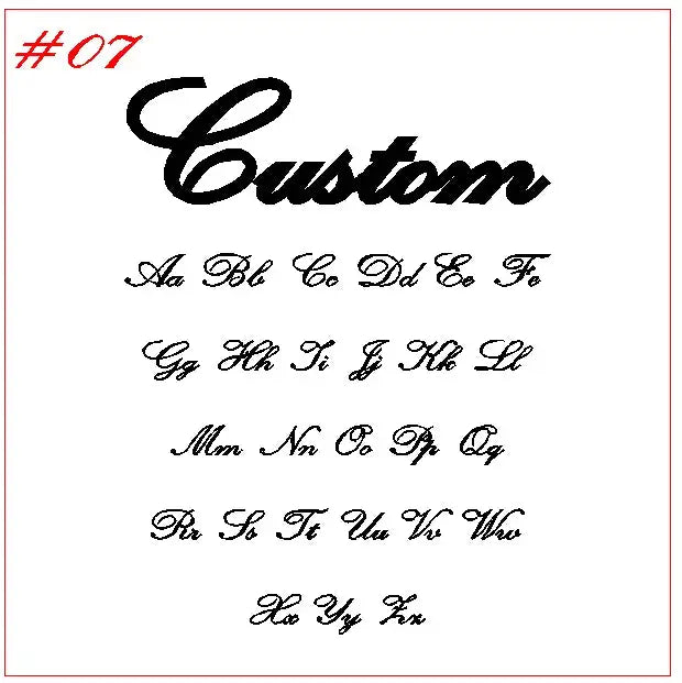 Custom script font sample showing uppercase and lowercase letters in black on white with a red #07 top-left corner.