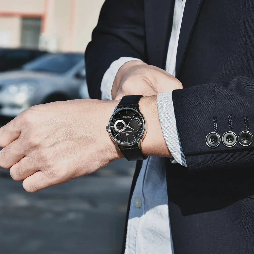 PAGANI DESIGN 1654 men's stainless steel quartz watch with black dial and black leather strap