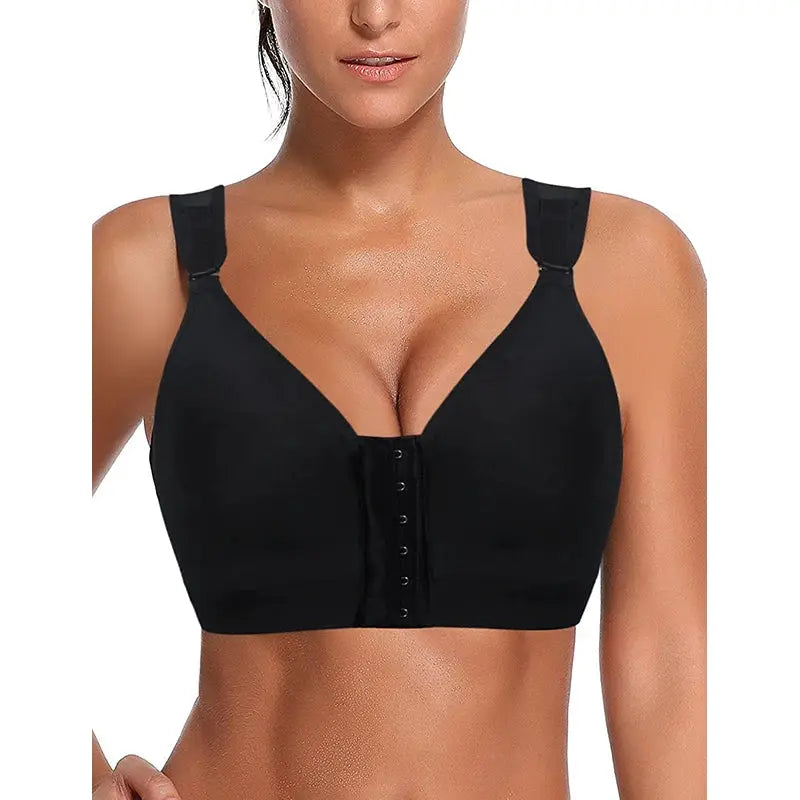 Black seamless padded front-closure bra with wide straps and push-up design