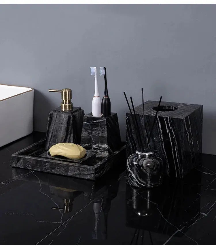 Ancient wood-grain natural marble bathroom set 5-piece with soap dispenser, toothbrush holder, soap dish, tray, diffuser