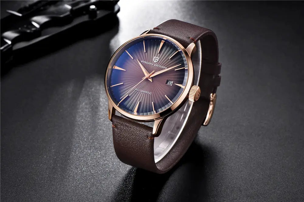 PAGANI DESIGN men's automatic wristwatch with gold-tone case, blue sunburst dial, brown leather strap.