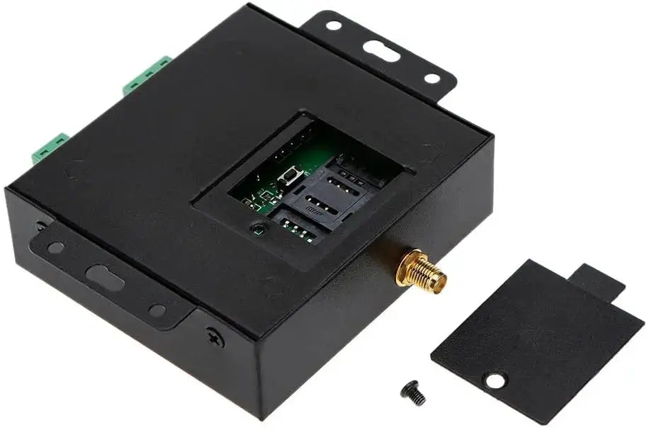RTU5024 GSM gate opener relay switch by Simples Market, black enclosure with antenna connector and mounting brackets.