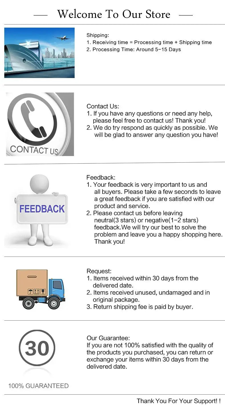 Simples Market store policy infographic detailing shipping, contact, feedback, delivery requests, and 30-day guarantee.