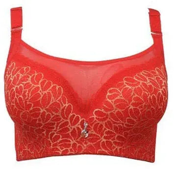 Bra red full-lace cups with floral pattern, two-piece cups, adjustable straps, center charm