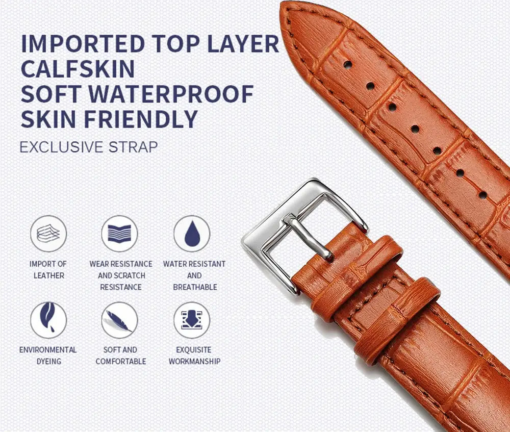 Leather watchbands from Simples Market, premium genuine orange-brown leather with silver buckle, two 12–24 mm straps