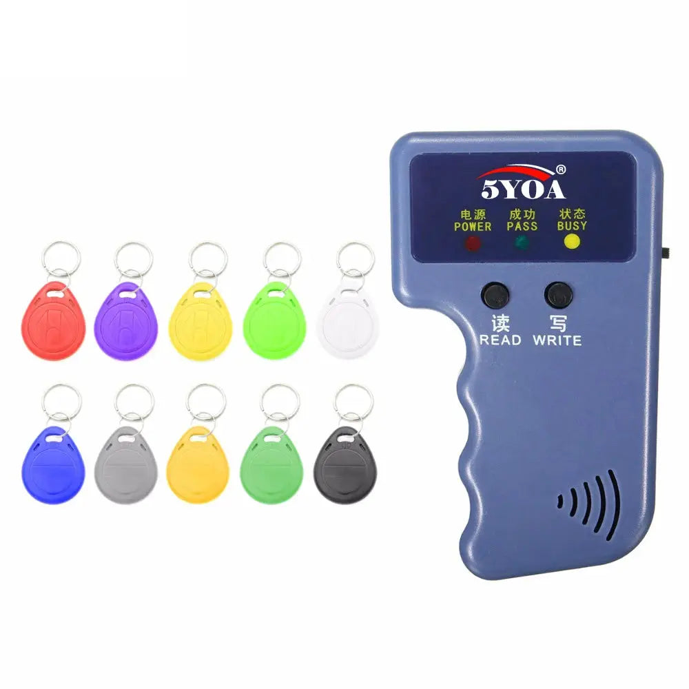 125KHz RFID duplicator by Simples Market with 10 colored key fobs and blue read/write unit