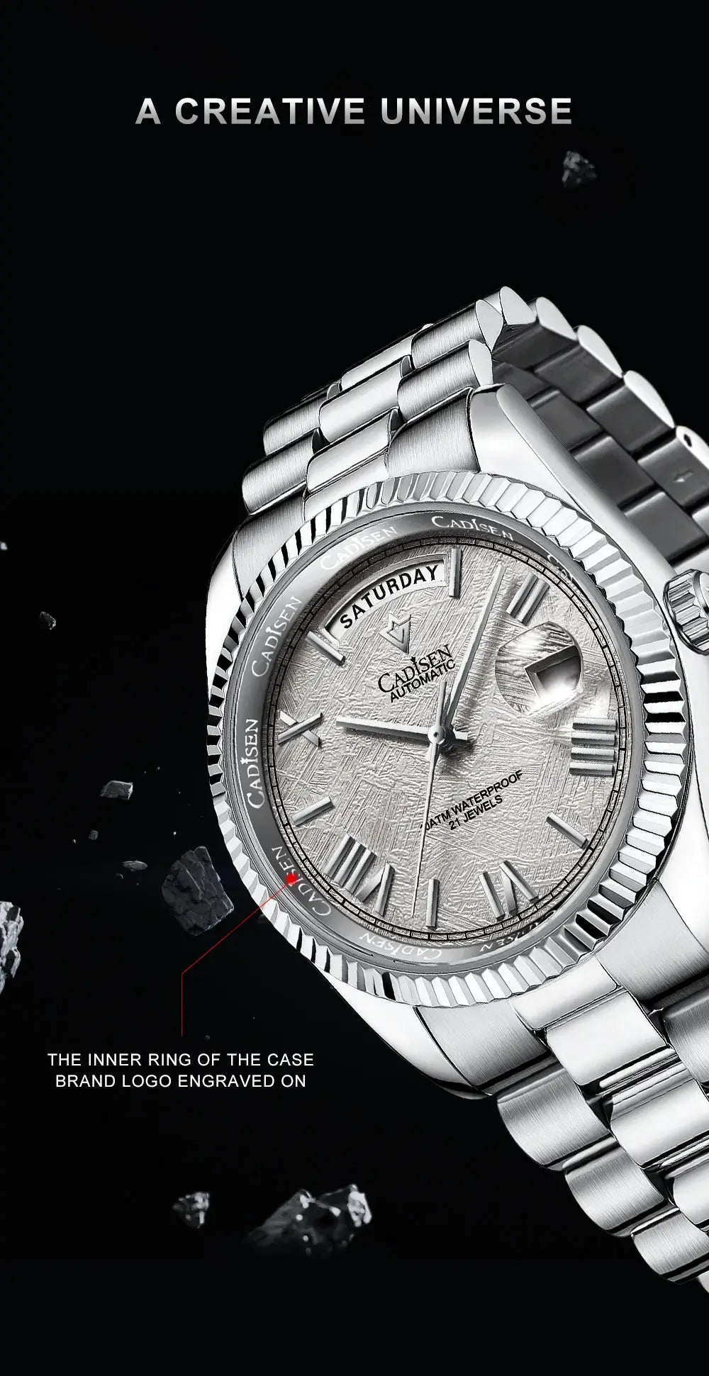 CADISEN men's automatic watch with meteorite dial on stainless steel bracelet, 100m water resistant.