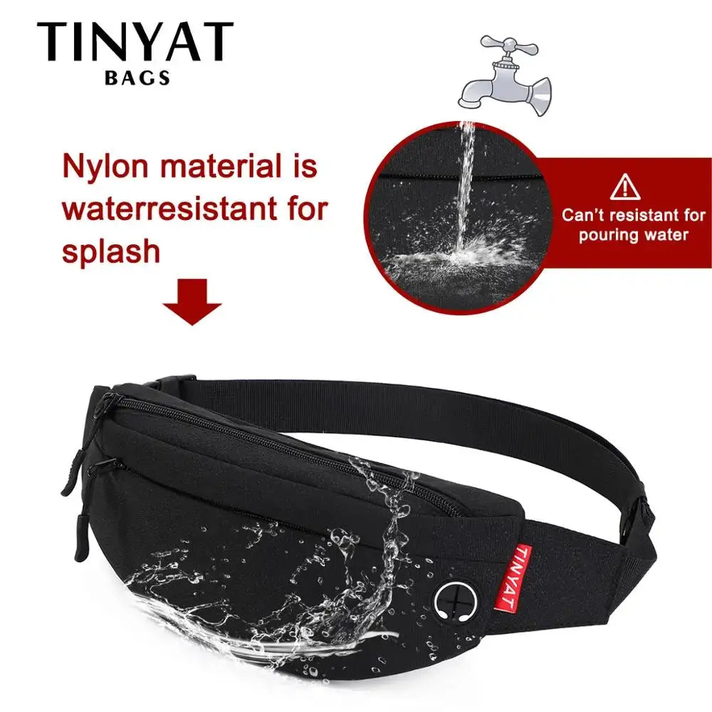TINYAT black nylon waist bag fanny pack with adjustable strap and red logo tag