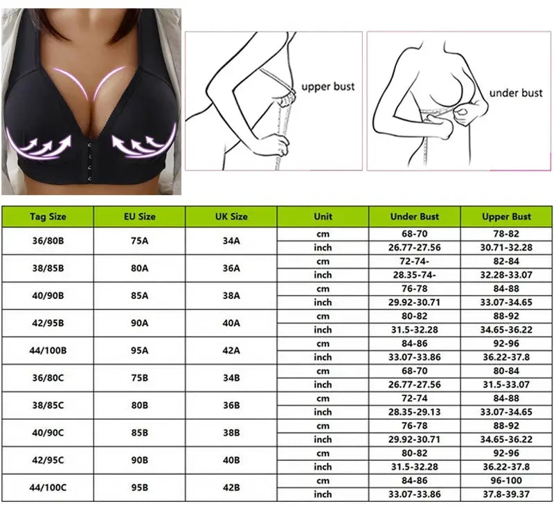 Push-up front-button black bra for women with front-open design and full support