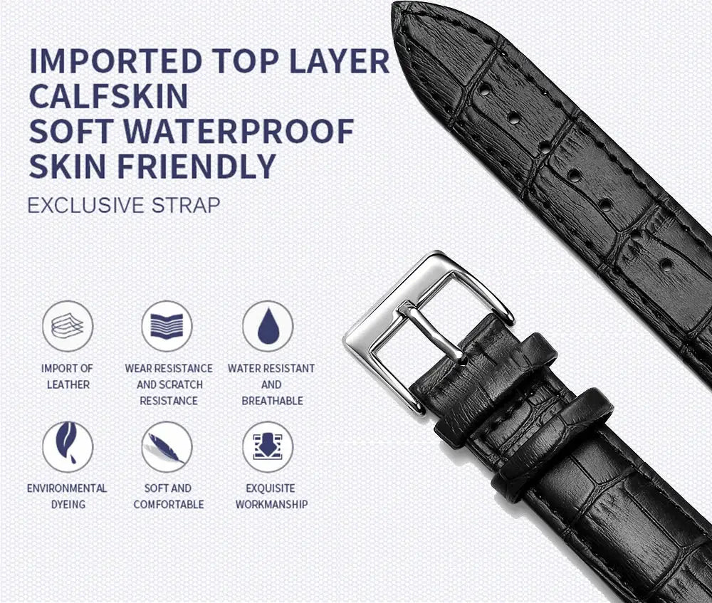 Two black genuine leather watch bands with crocodile texture and silver buckle