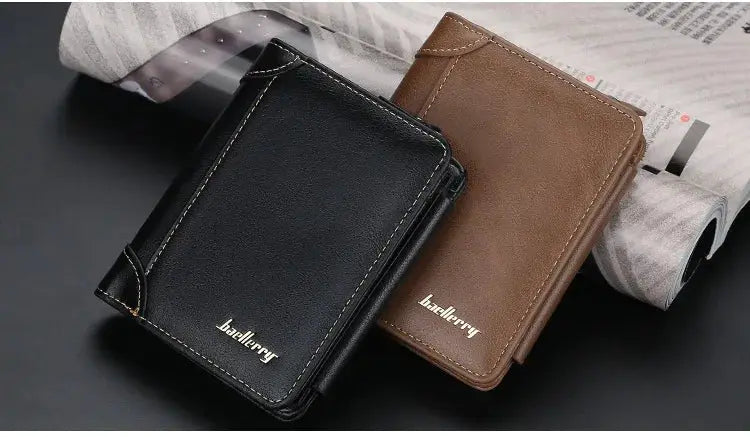 Two PU leather men wallets in black and brown with zipper; compact card-holding design with baellerry logo