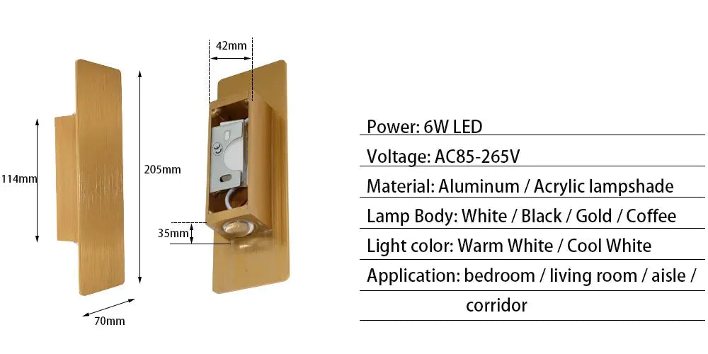 Modern LED indoor wall lamp in gold aluminum finish, 6W, AC85-265V for bedroom/living room decor