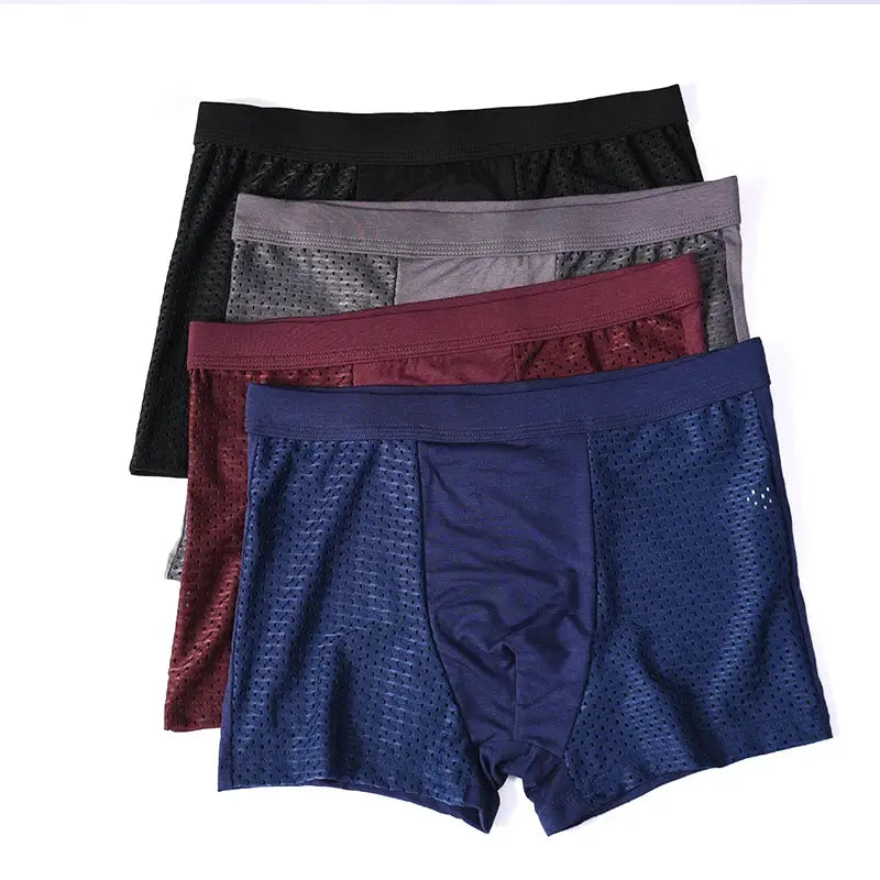 Simples Market bamboo fiber men's boxer shorts, breathable mesh underwear, 4-pack in blue, burgundy, gray, and black