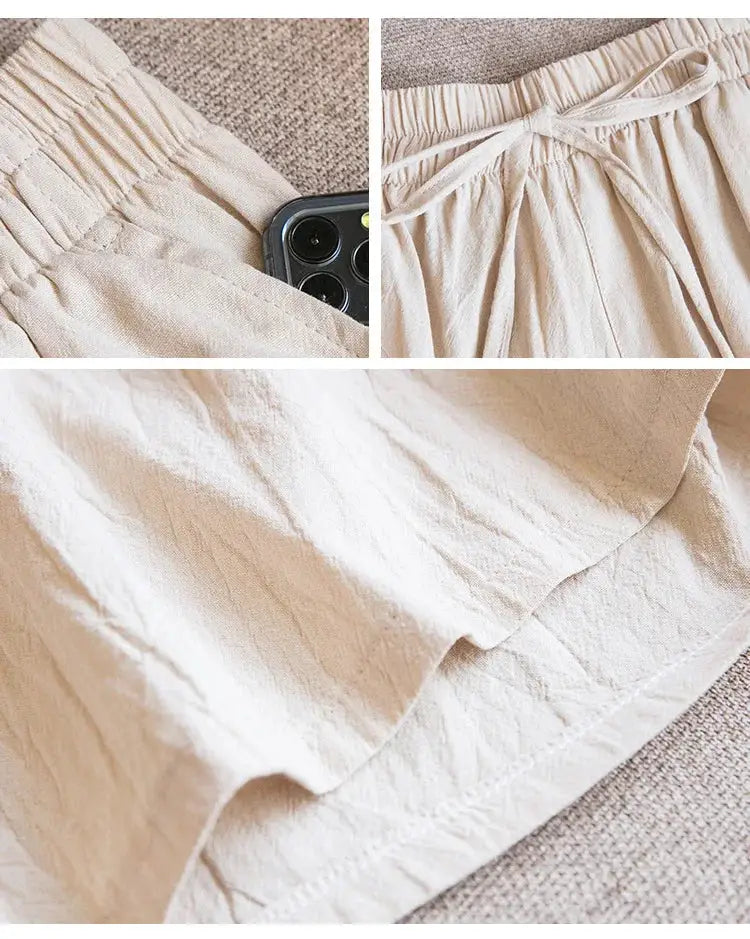 2026 Women Cotton Shorts in beige, high-waist loose fit with two pockets and drawstring by Simples Market