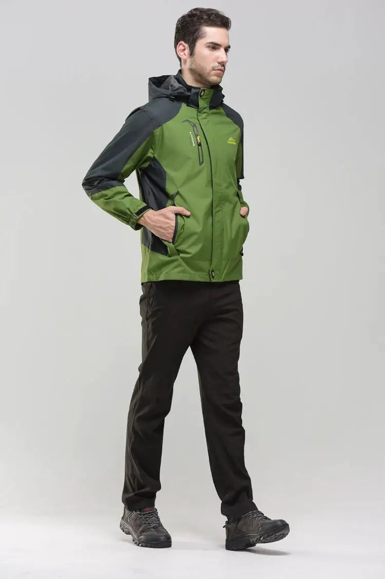 TRVLWEGO camping hiking jacket, green and black hooded windbreaker, men's waterproof outdoor coat