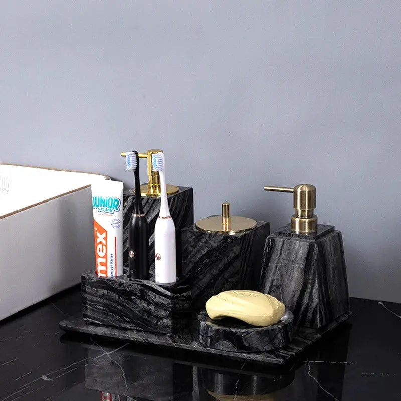 Ancient wood-grain marble bathroom set by Simples Market on black tray with dispenser, toothbrush holder, and soap dish