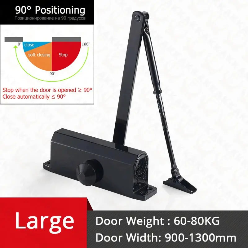 KAK hydraulic door closer with black finish and arm; for doors 60–80 kg, 900–1300 mm wide.