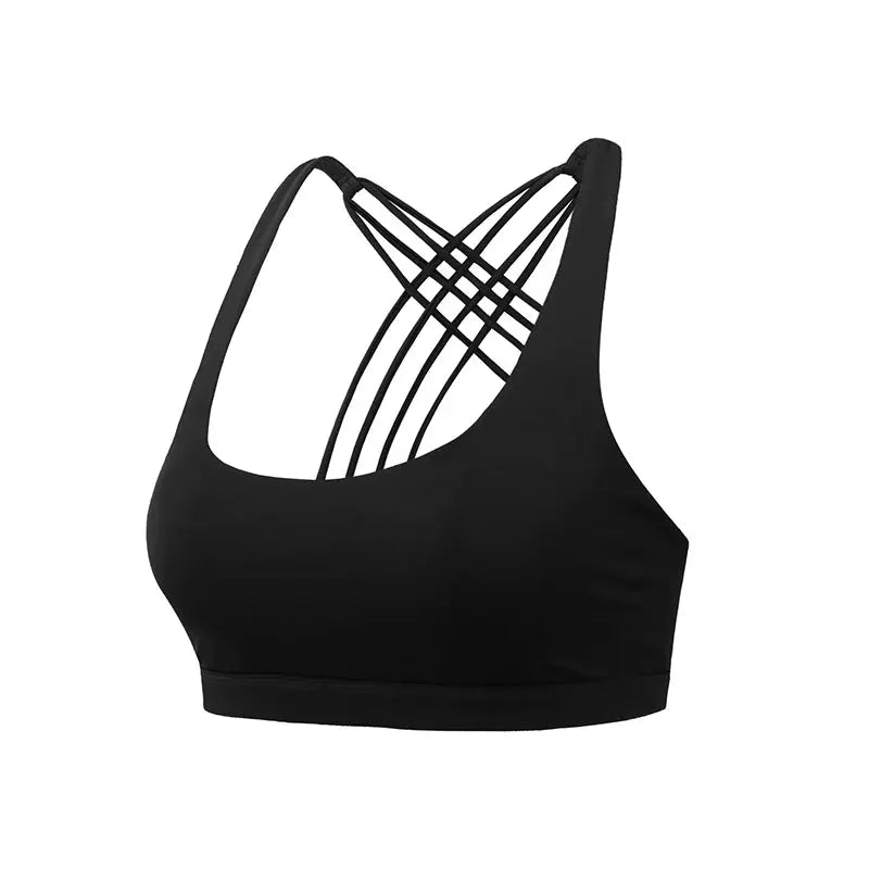 Simples Market black fitness sports bra for women with cross-back straps and push-up support.