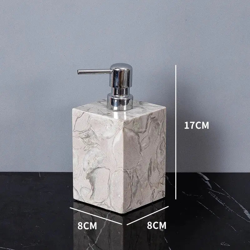 Marble bathroom soap dispenser with chrome pump on a square 8x8 cm base, 17 cm tall.