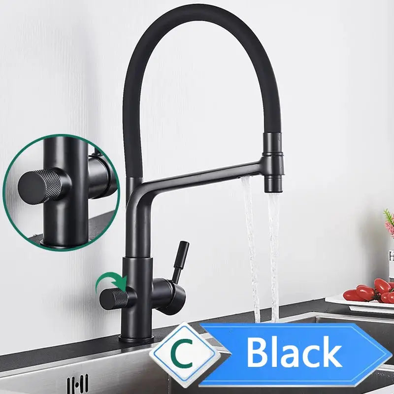 Rozin black matte pull-out kitchen faucet with 3-way mixer and water filter tap.
