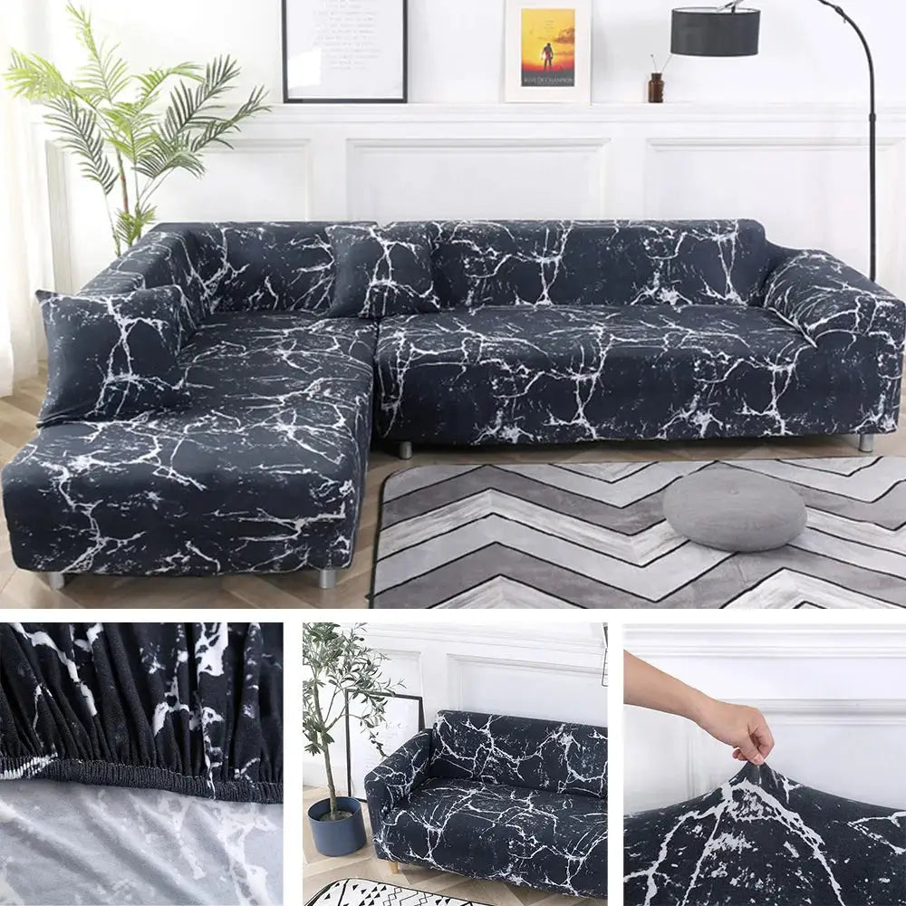 Sofa slipcover for L-shaped corner sofa, black marble print, stretch elastic, Simples Market