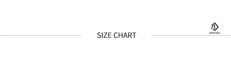 Size chart banner with centered SIZE CHART and Birdtree logo on the right.