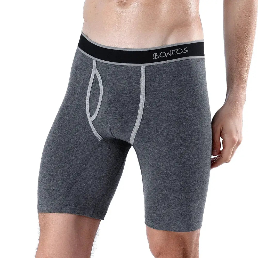 BONITOS men's long-leg boxer briefs in heather gray cotton with black waistband.