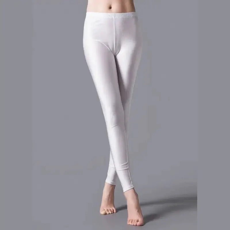 Women’s shiny white leggings by Simples Market; stretchy spandex with high elasticity, slim-fit casual trousers.