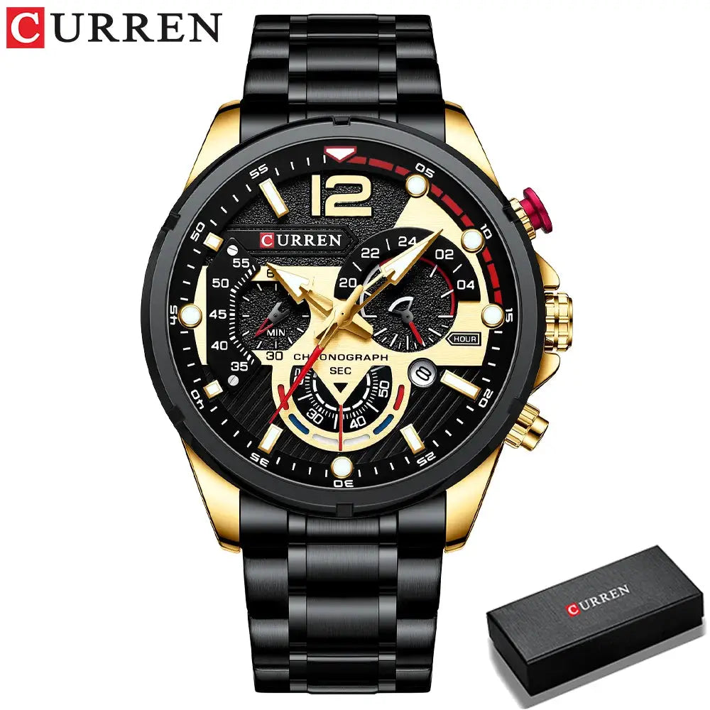 CURREN men's chronograph wristwatch with gold-tone stainless steel case and black bracelet, boxed