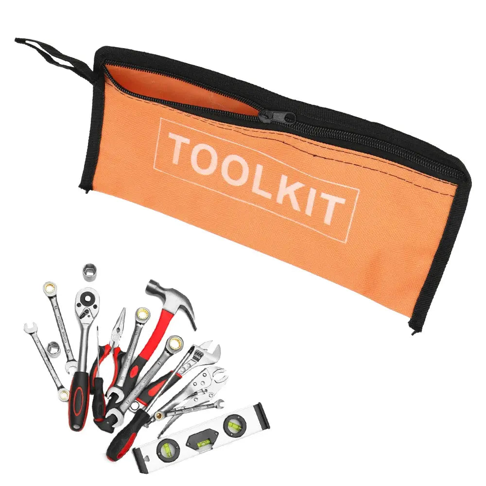 Toolkit bag and tool set with orange canvas pouch and black zipper, plus assorted hand tools.