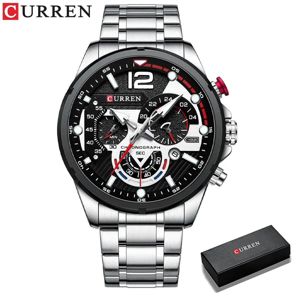 Curren chronograph men's watch with stainless steel bracelet and black dial; waterproof, includes box