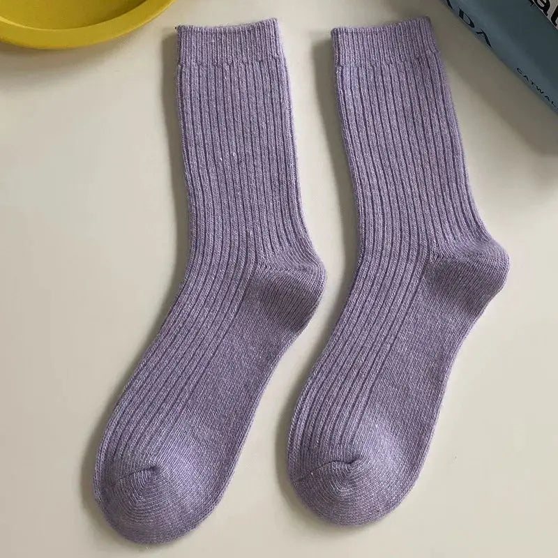 CHAOZHU Thick Warm Merino Wool Rib Socks For Women Solid Colors Loose Fit Japanese Korea Fashion Winter