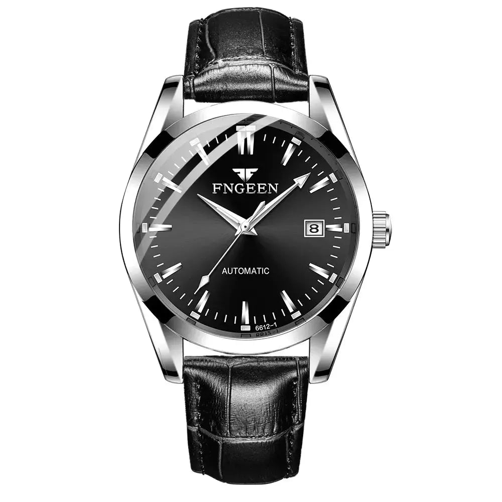 FNGEEN men's automatic mechanical wristwatch with black dial, silver case and black leather strap