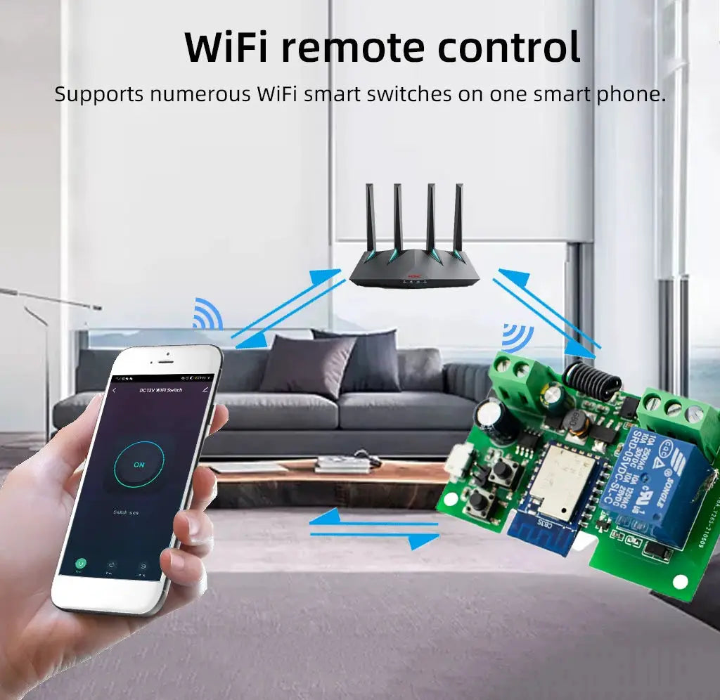 Simples Market WiFi smart garage gate relay module with RF433 remote; Tuya compatible, black gateway with four antennas