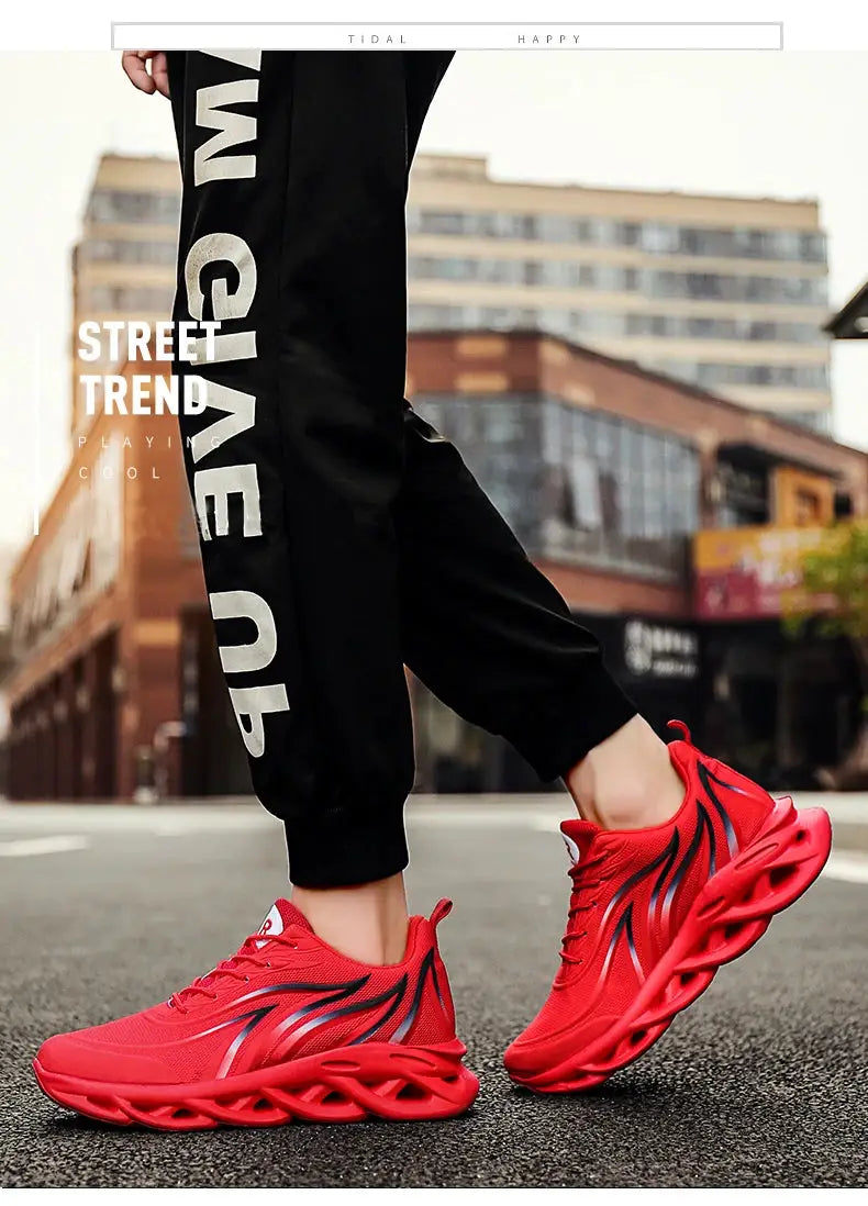 Men's red mesh breathable running shoes with sculpted lattice sole by Simples Market.