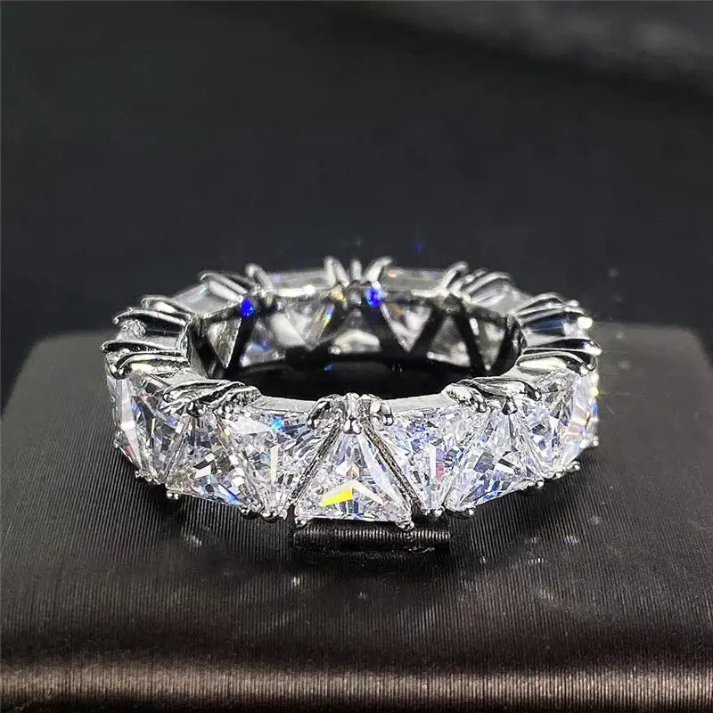 Huitan luxury triangle design cubic zirconia promise ring, silver-toned brass band with clear stones