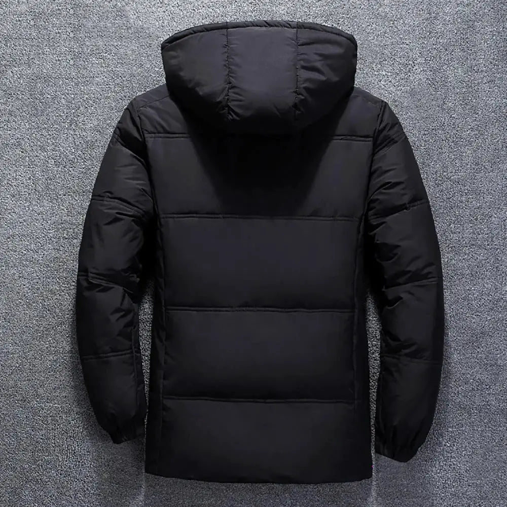 Men's black puffer jacket with hood, back view, quilted warm coat