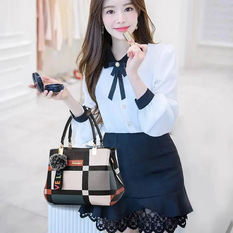 Designer PU leather checkered tote handbag for women with top handles and pom-pom charm
