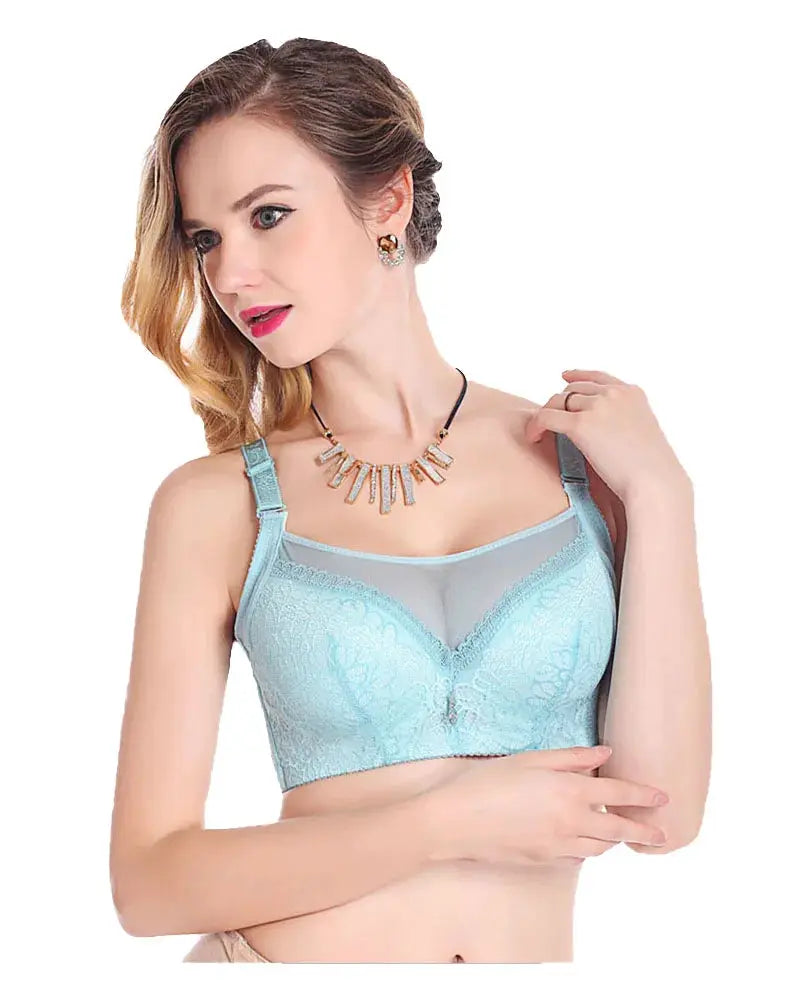 Lace push-up bra in light blue with sheer mesh panel and adjustable straps